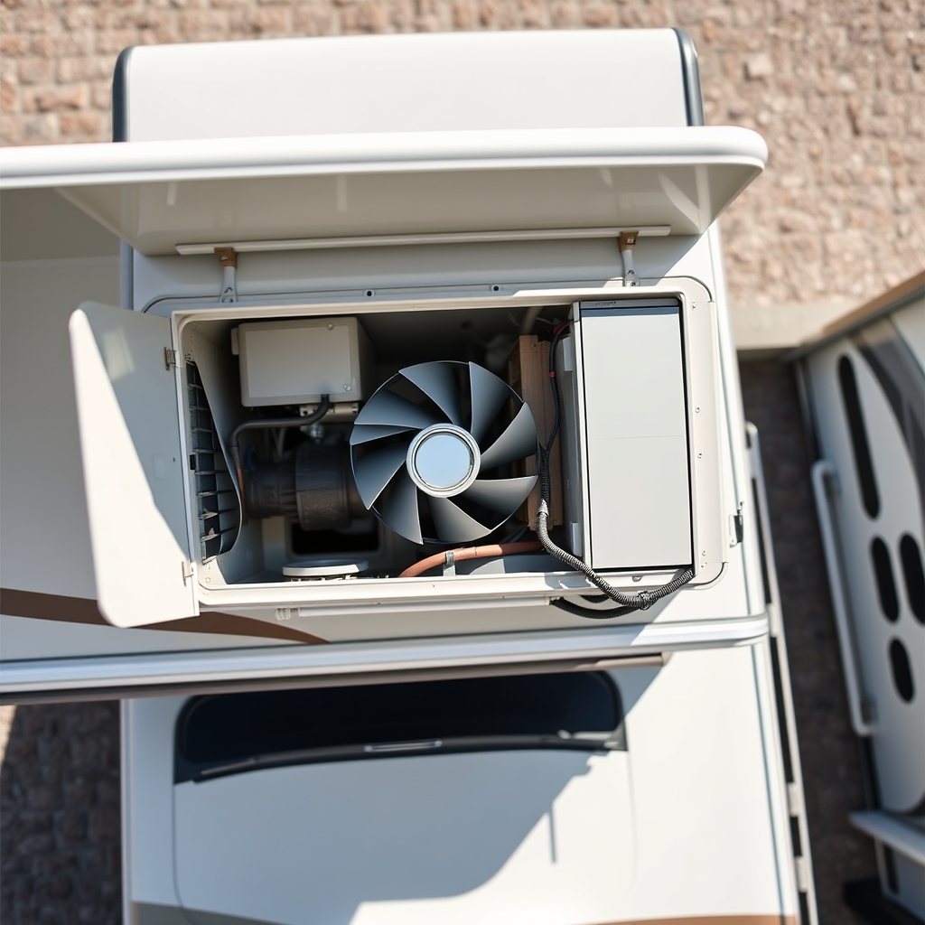 RV rooftop air conditioner with shroud removed showing condenser and fan components