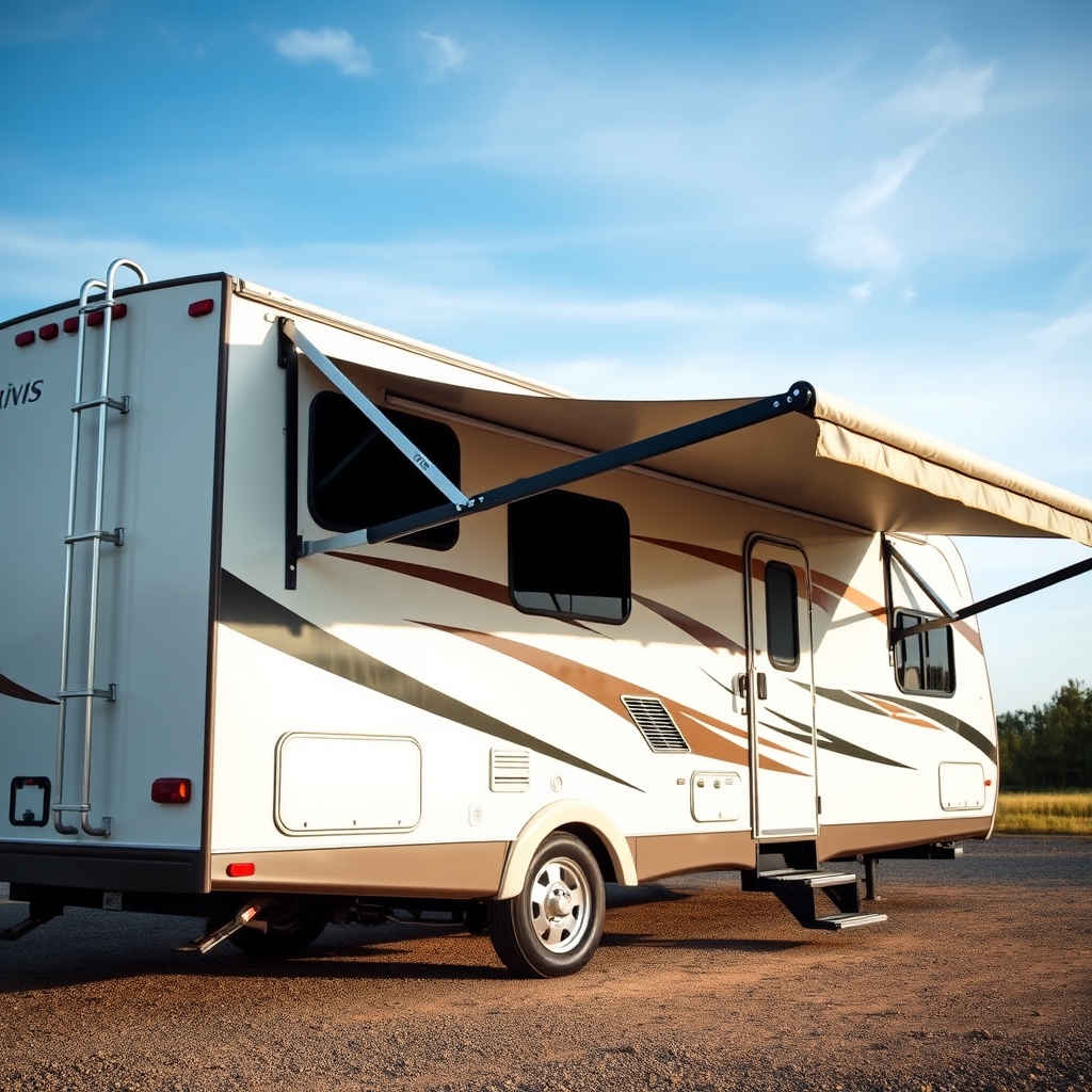 RV power awning stuck halfway open with one arm misaligned
