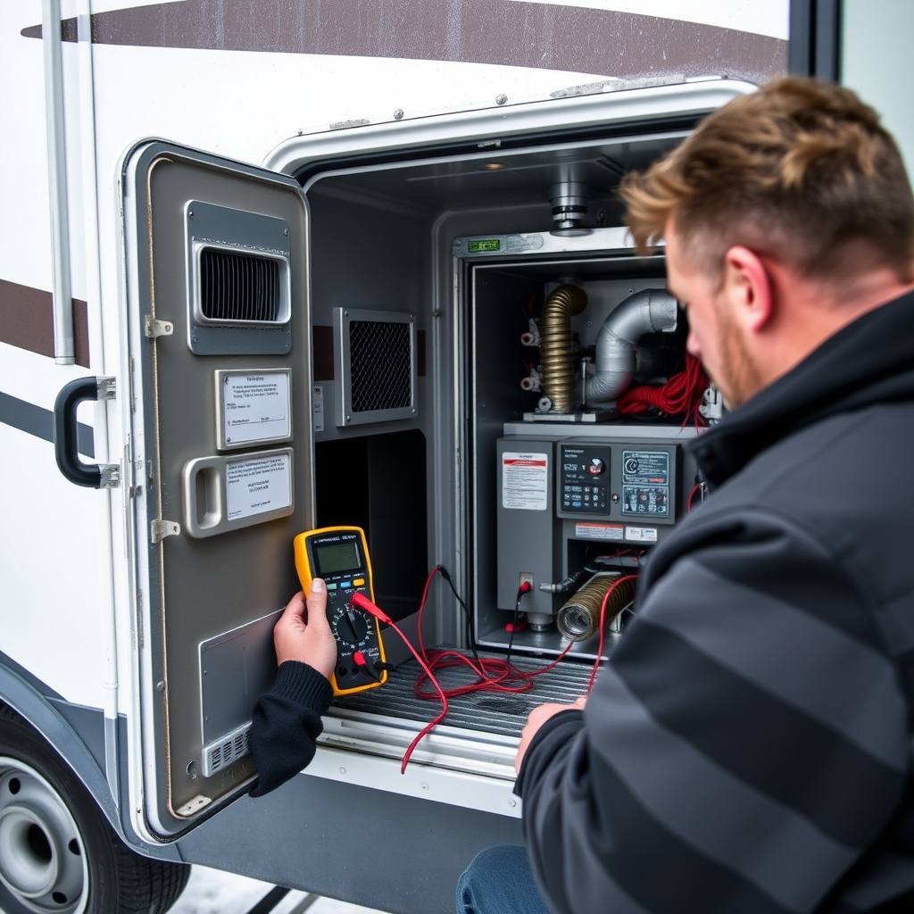 Technician troubleshooting an RV propane furnace at the exterior access panel