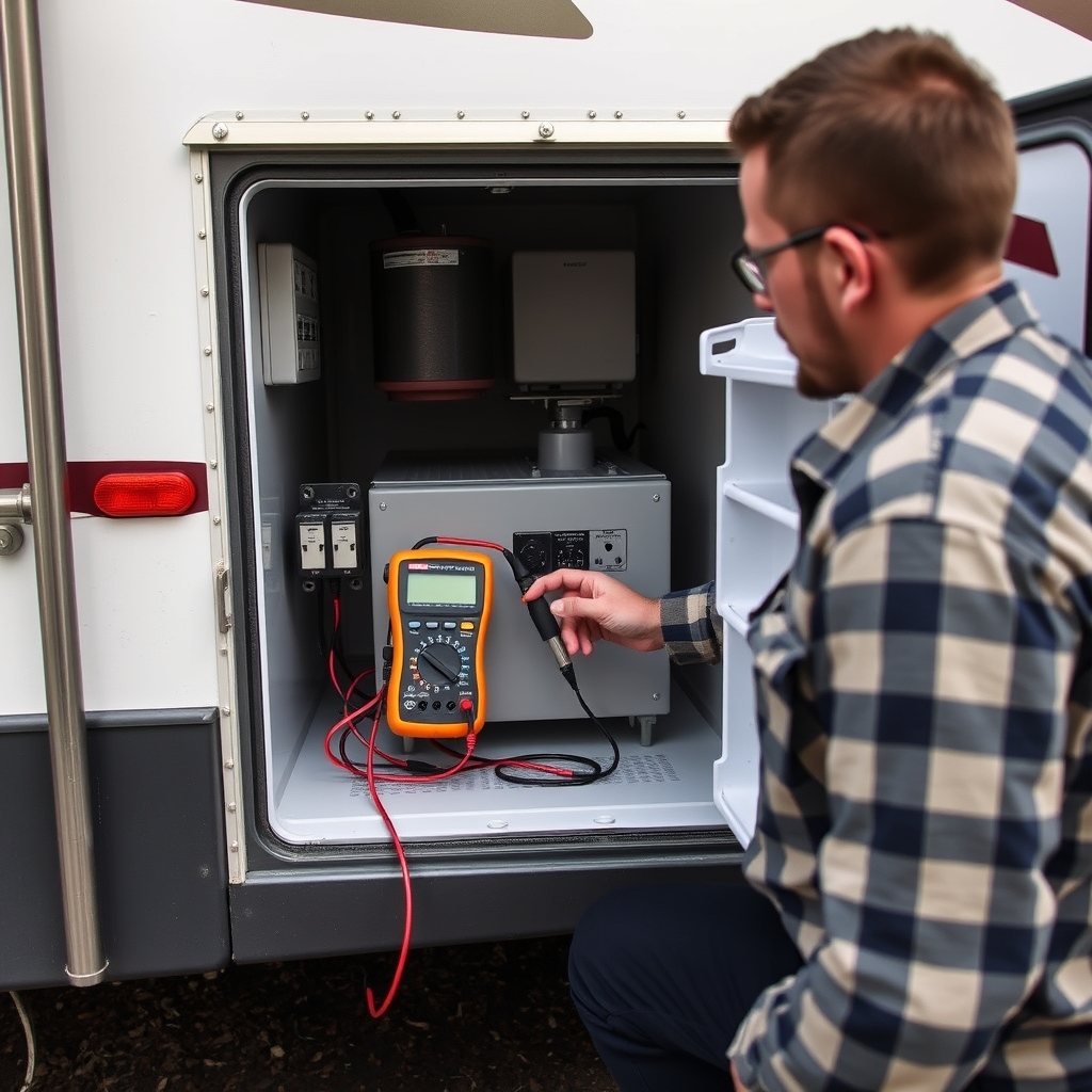 Technician troubleshooting an RV absorption refrigerator on electric mode