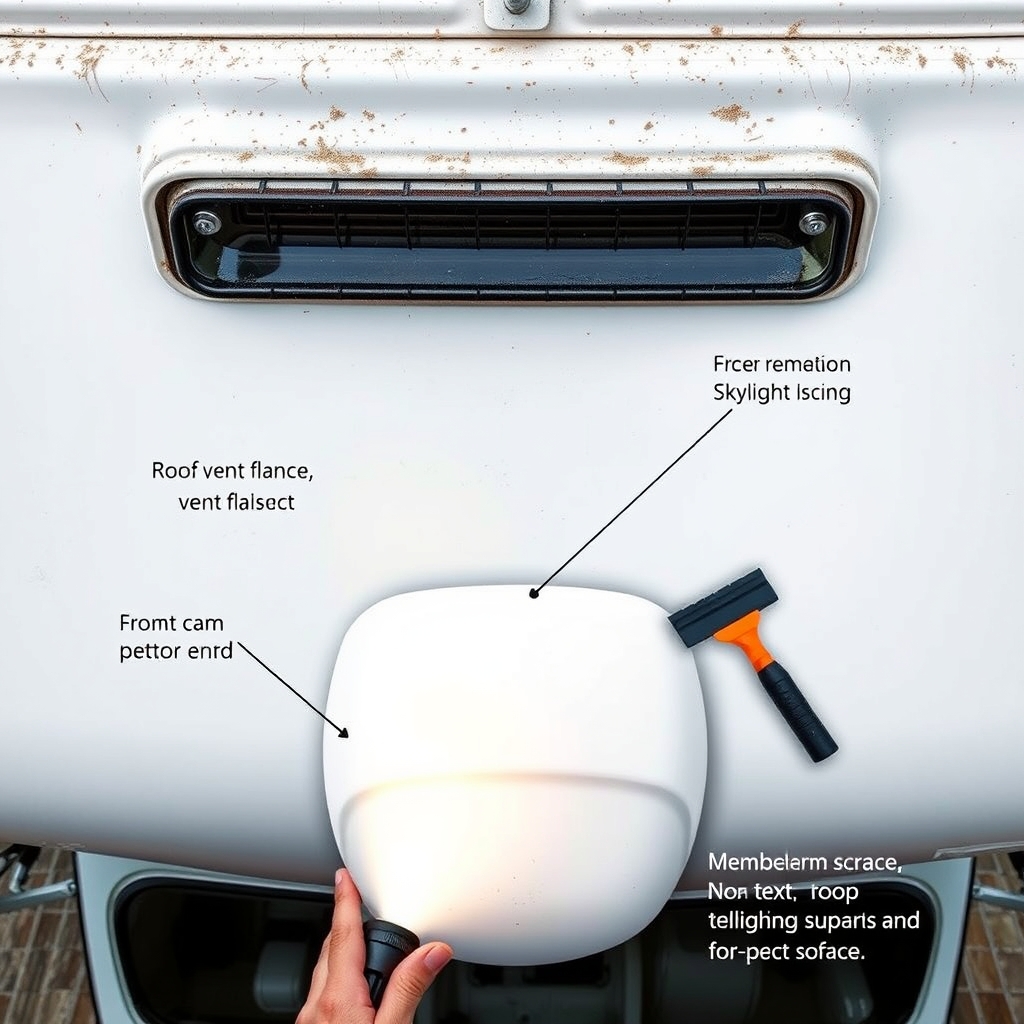 RV roof inspection showing vents, seams and membrane leak points