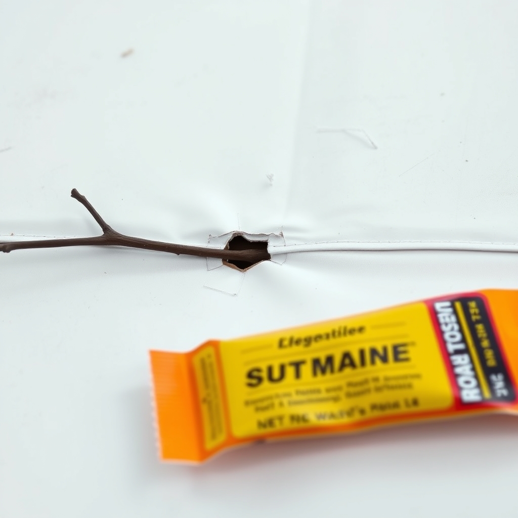 Small puncture in an RV roof membrane before repair