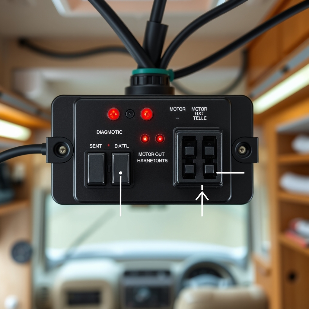RV slide-out controller module with diagnostic LEDs and motor wiring