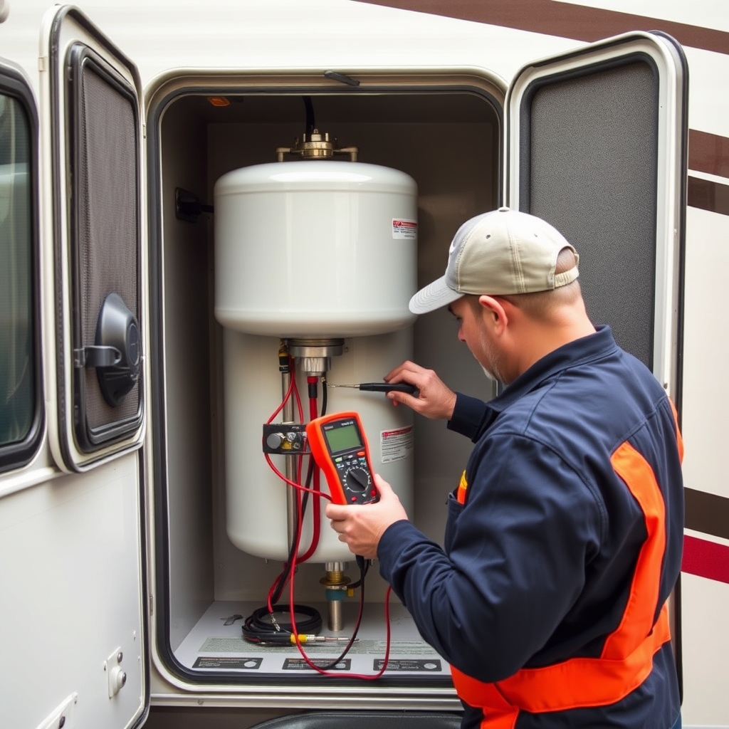 Technician troubleshooting an RV water heater at the exterior access panel