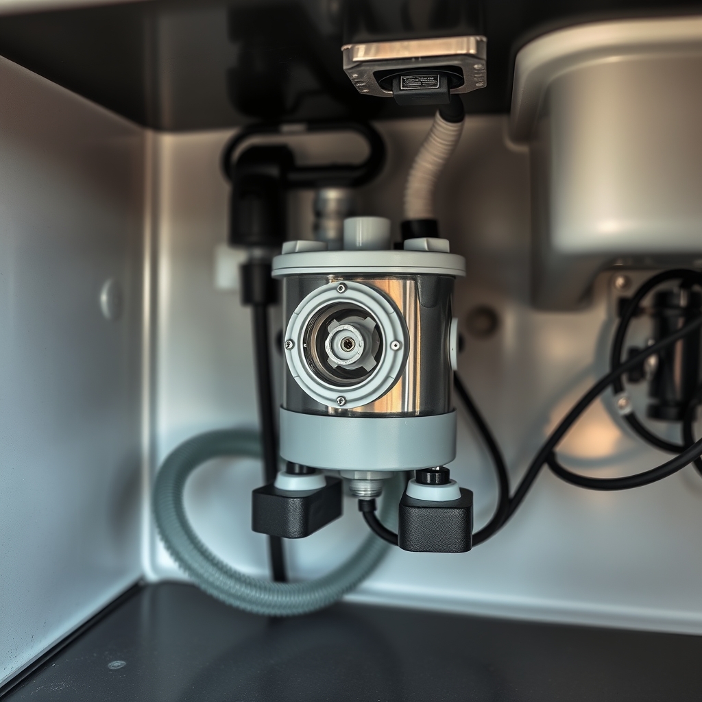 RV fresh-water pump with inlet strainer and plumbing connections